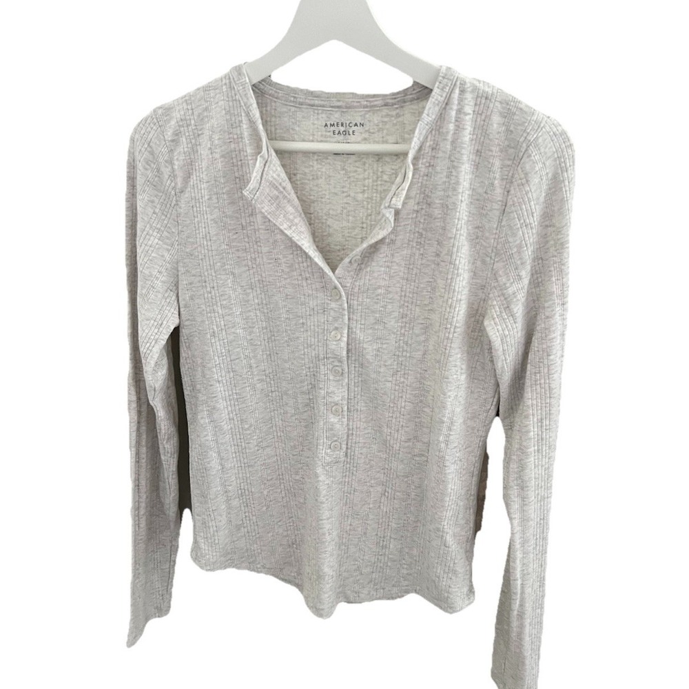 American Eagle Gray Henley Button Long Sleeve Women's Top Size L